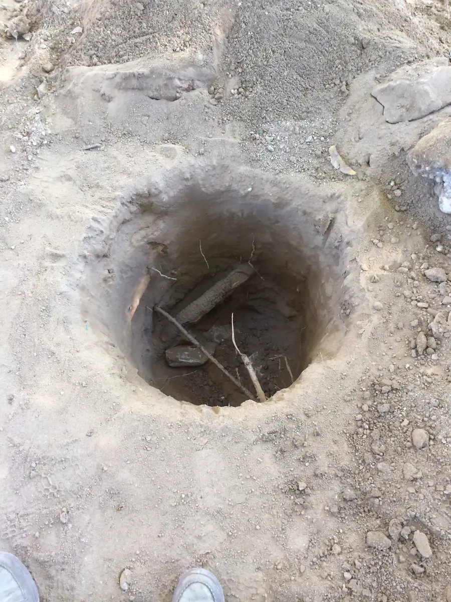 Roots left intact inside a hand-excavated pier hole at a construction site