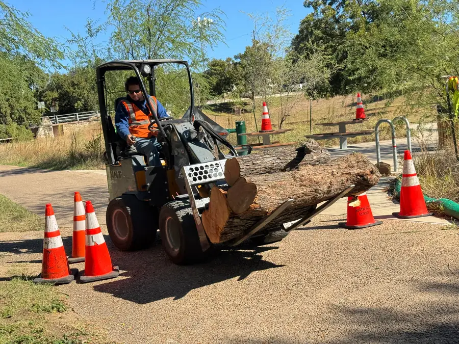 Giant G1200 tele-loader carrying a log section along a park trail lined with traffic cones