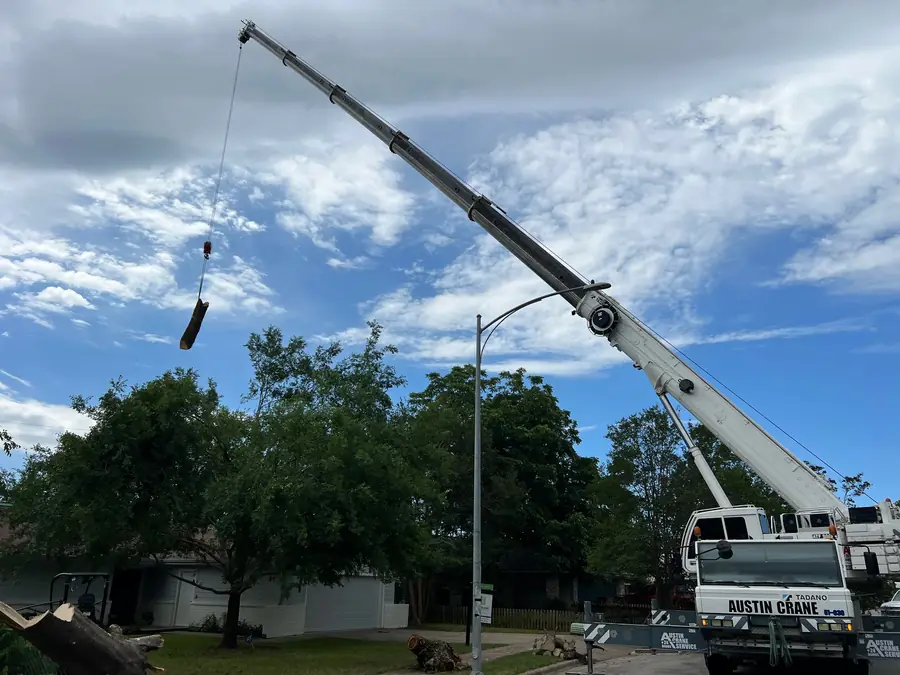 Telescopic crane lifting a cut trunk section clear of a residential street, cut rounds stacked below