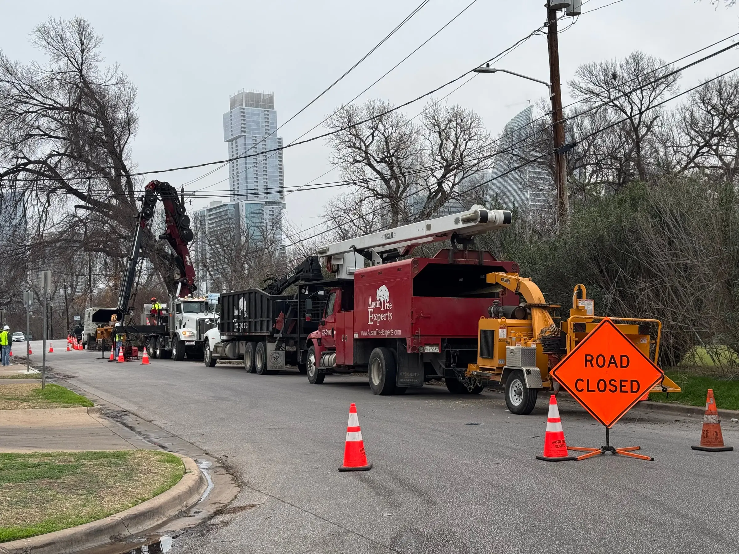 Austin Tree Experts crew removing a large elm on a closed street in downtown Austin, working under power lines with a grapple saw crane, bucket truck, grapple truck and chipper