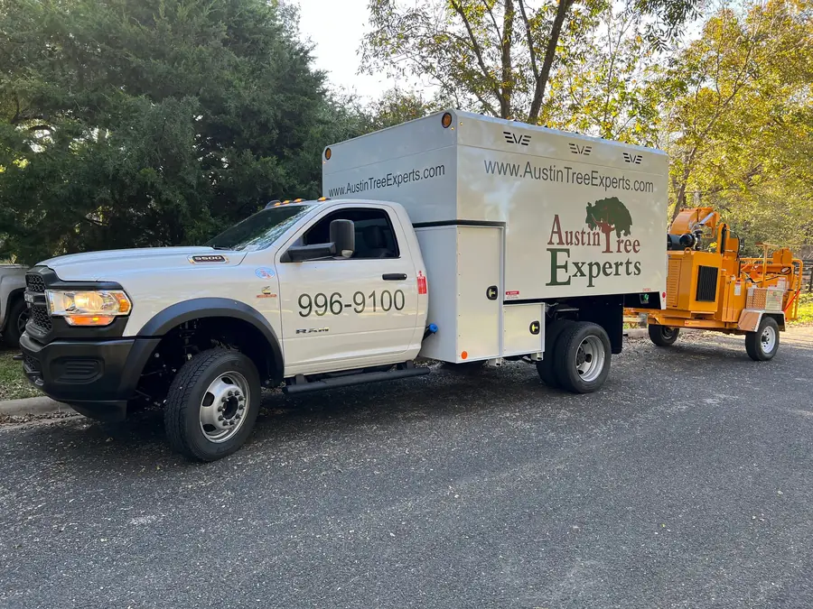 Austin Tree Experts Ram 5500 chip truck with a towable wood chipper hitched behind, parked on a tree-lined street