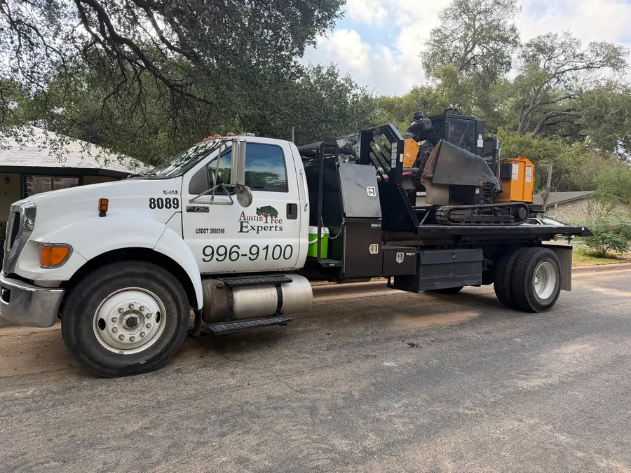 Austin Tree Experts F-750 flatbed parked at the curb under live oaks, a tracked stump grinder chained on the deck