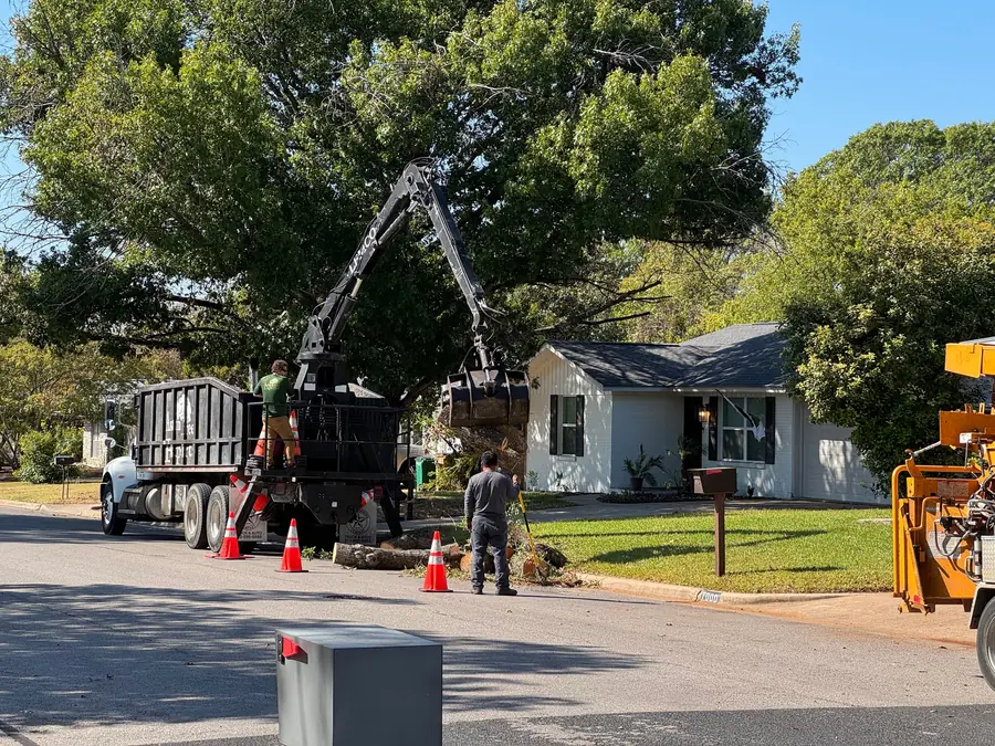 Grapple truck with its knuckleboom over the dump body, loading brush and log rounds from a residential street