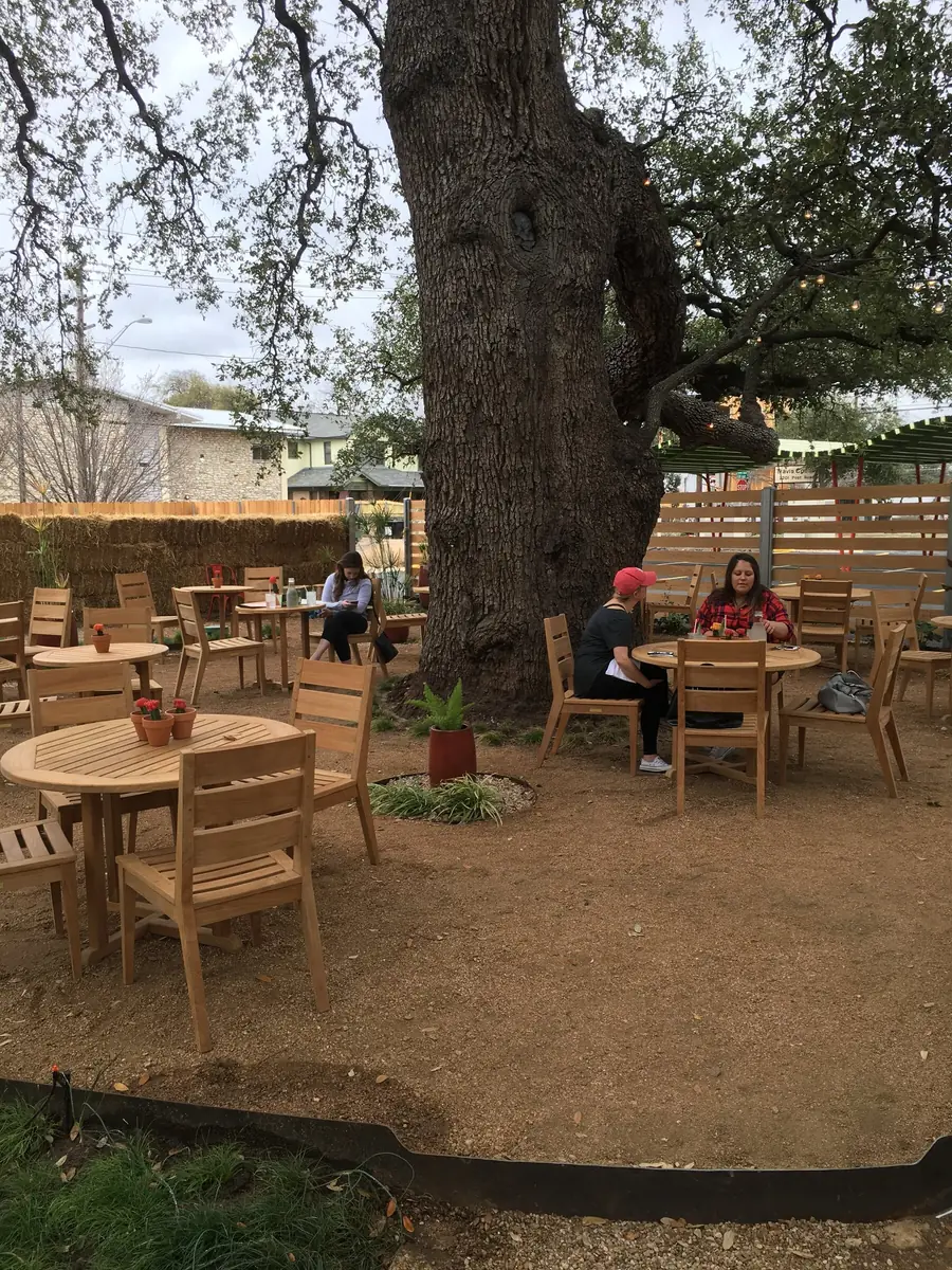 Tables and chairs set out on a gravel patio directly beneath a spreading canopy, diners at the nearest table
