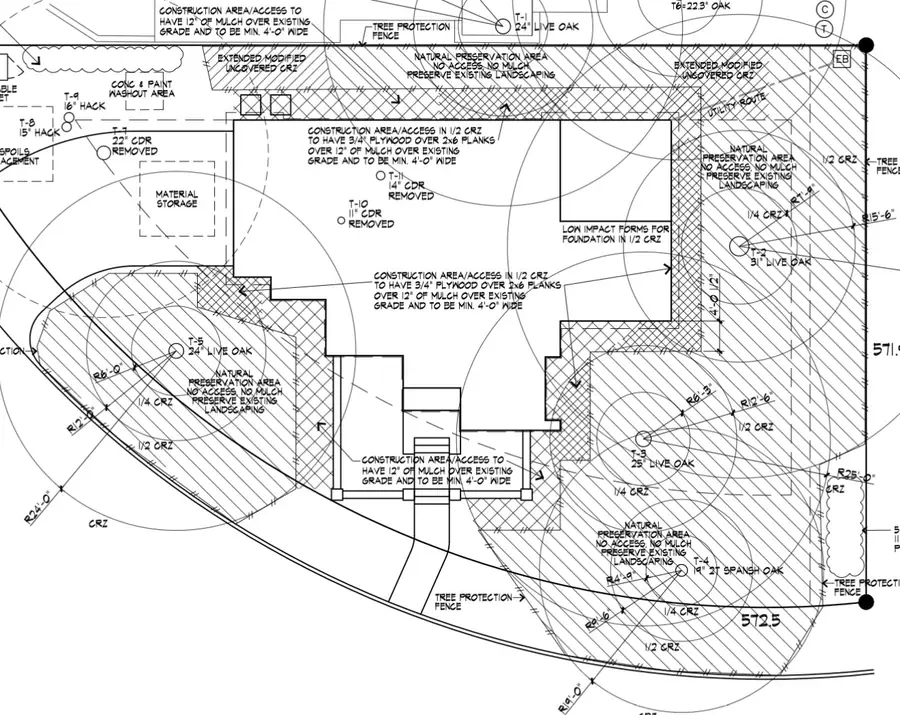 Tree protection plan drawing: critical root zones, protection fencing and mulched construction access routes marked around tagged live oaks